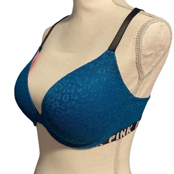 PINK Victoria's Secret Strappy Back Front Clasp Lace Push-up Bra Teal 34DD - Picture 4 of 6